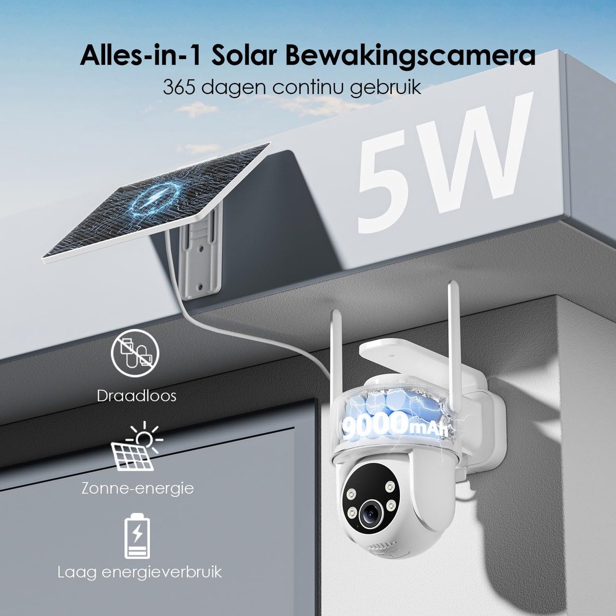 SnelShoppen - Bewakingscamera Buiten Draadloos 2K 360° PTZ Zonne-energie Nachtzicht 24/7 Video-opname Beveiliging met Bewegingstracking en Weerbestend