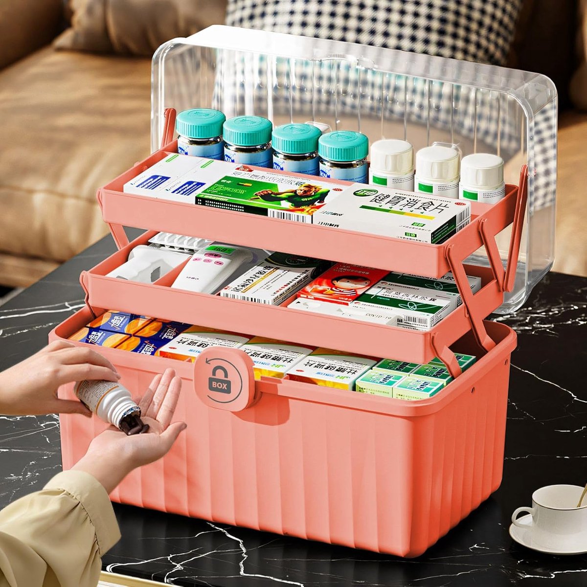 Thijox - 3-laags Medicijnopbergdoos Draagbaar met Handgreep, Grote Roze Medicijnorganisator, 32x18x22 cm, Ideaal voor Thuis, Reizen en Medische Opslag