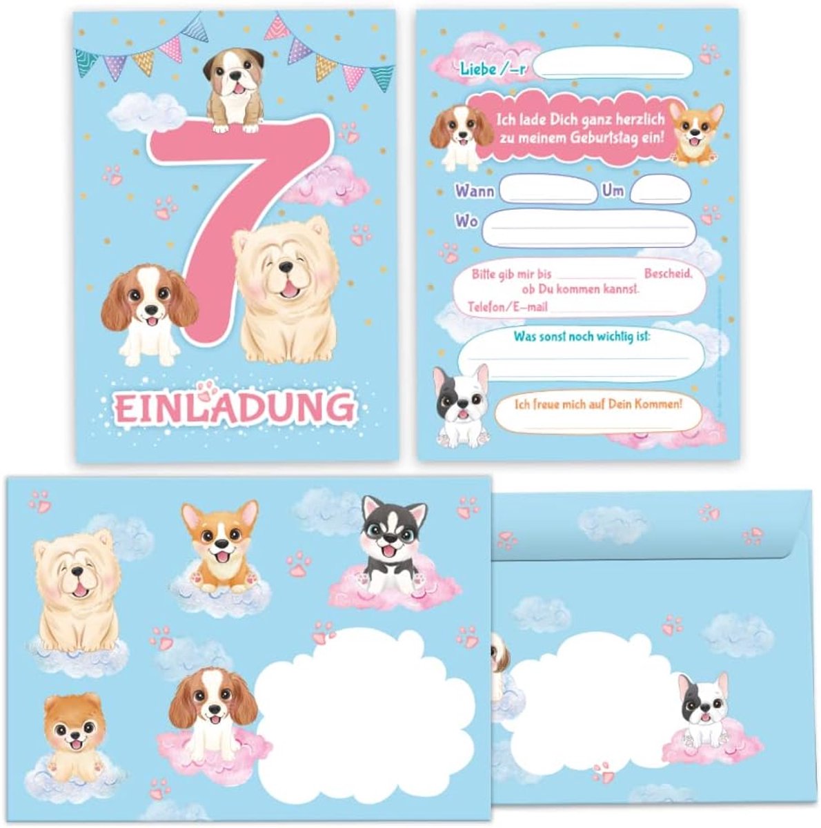 SnelShoppen - 12 Uitnodigingskaarten voor 7e Verjaardag Meisje - Inclusief Enveloppen - A6 Formaat - Honden Ontwerp - Perfect voor Feestjes en Kinderf