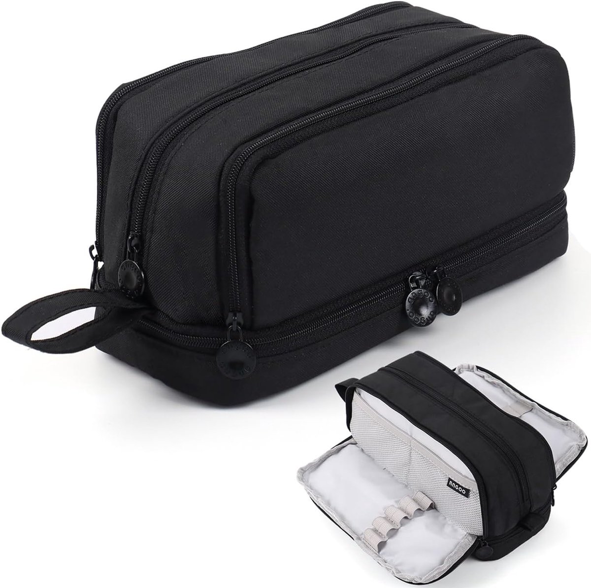 SnelShoppen - Grote Capaciteit Pennenetui met 3 Vakken voor Jongens en Meisjes - Draagbare Etui voor School, Kantoor en Make-up - Zwart - 22x9,5x10 cm