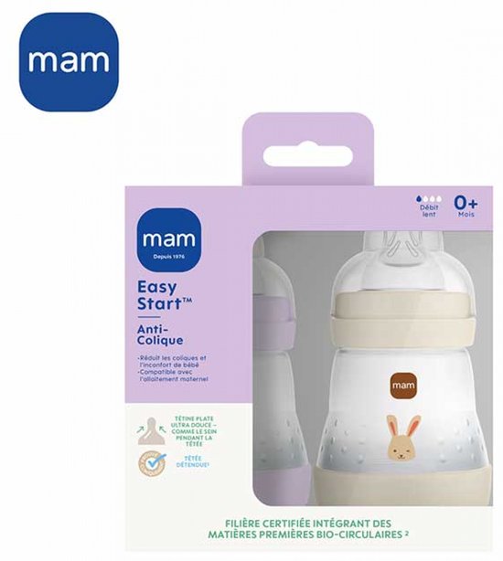 Set van 2 Babyflessen - MAM - Easy Start - Antikoliek - 160 ml - Flow 1 speen - Lila + Zand — afbeelding 2