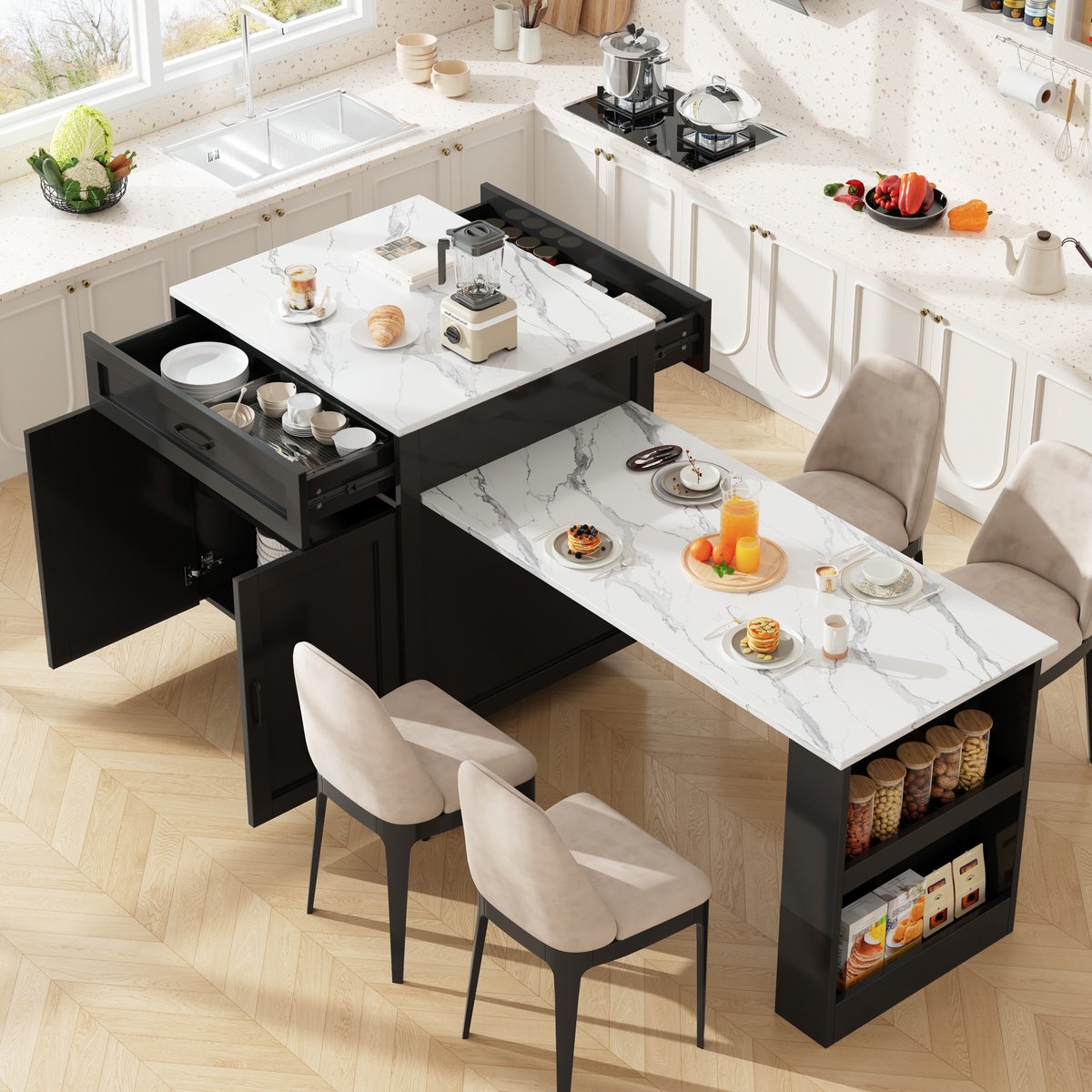 Wishdor - Statafel - Uitschuifbaar met opbergruimte en lade - Modern - Keuken en eetruimte - Houtlook - Zwart - 98-204 x 70 x 93,5 cm