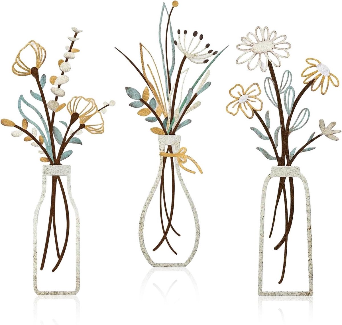 Metalen bloemen decoratie - Wandkunst set - Woonkamer verfraaien - Duurzaam ijzer - 15 x 35 cm - Kleurrijk