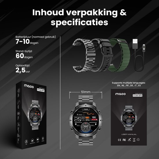 Verpakking en specificaties van de grijze smartwatch, met drie bandjes (metaal, zwart, groen) en oplaadkabel. Toont 'Inhoud verpakking & specificaties'.