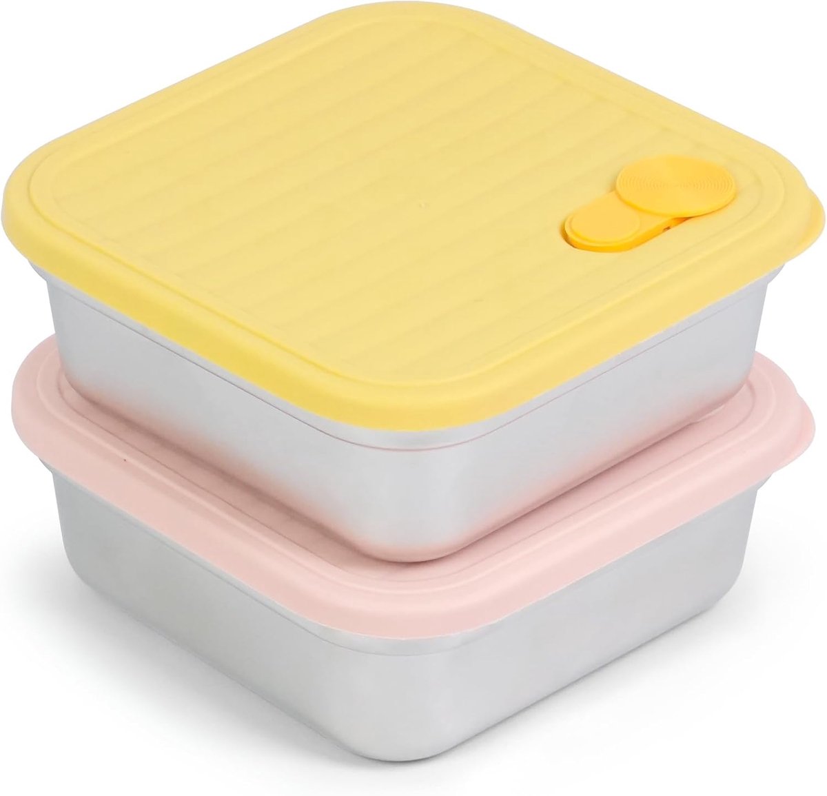 VHV - Broodtrommel - RVS brooddoos met deksel - Vershoudbak 600 ml - Herbruikbaar en vaatwasserbestendig - Voor sandwiches, snacks en fruit - Set van 2 - Roze + Geel