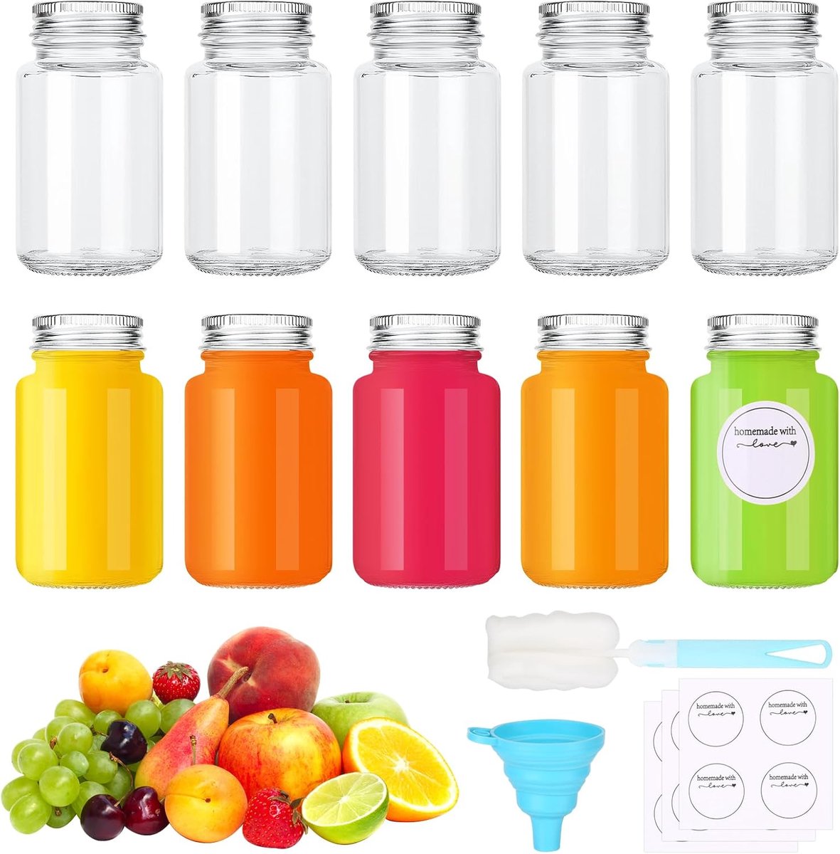 SnelShoppen - 10 Stuks 2.7oz/80ml Glazen Shotflessen met Deksels, Herbruikbare Mini Gembershot Flessen, Kleine Glazen Flesjes met Labels, Trechters en