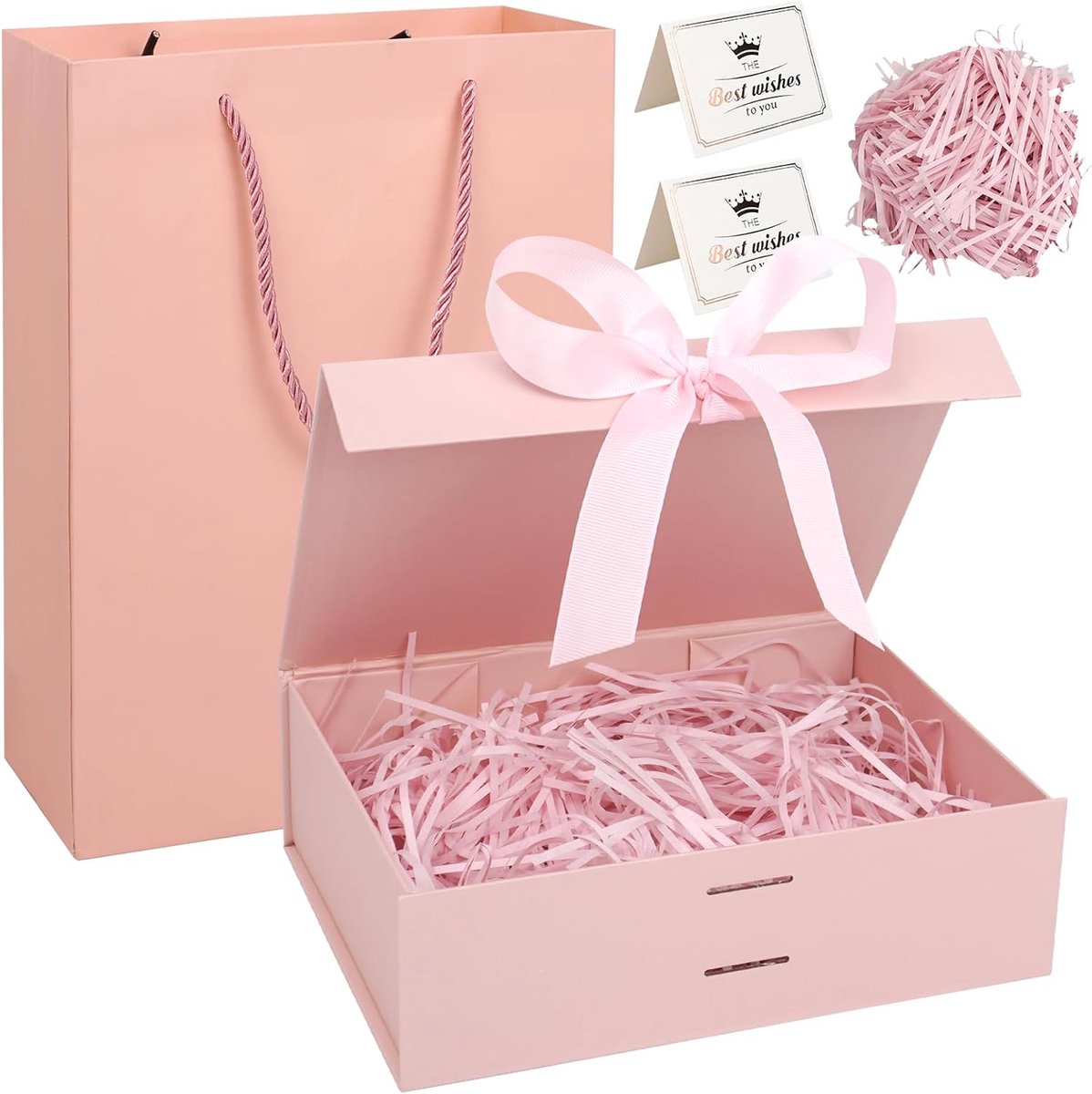 SnelShoppen - Roze Cadeaudoos 23x17x7 cm, Magnetische Cadeaudozen met Deksels, Lint en Versnipperd Papier voor Verjaardag, Huwelijk, Valentijn en Jubi