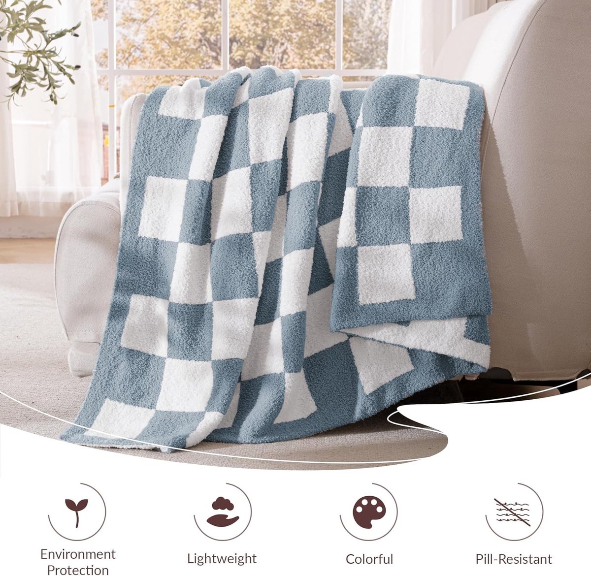 Thijox - Gebreide Geruite Fleece Plaid Deken 130x150 cm, Ultra Zacht en Warm, Reversibel, Steenblauw voor Bank en Bed, Ideaal voor Elk Seizoen