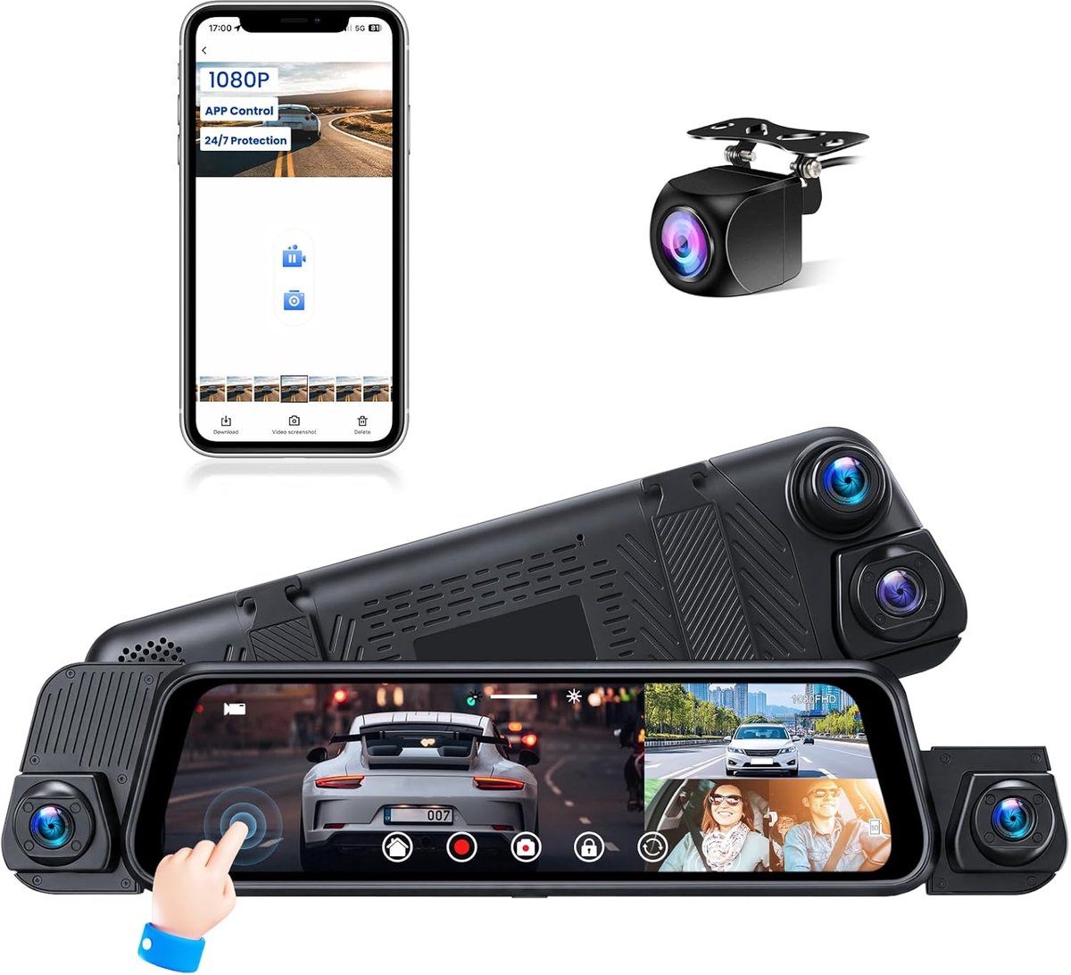 SnelShoppen - 4-kanaals dashcam met 10 inch touchscreen achteruitrijcamera, 150 graden groothoek, 64 GB kaart, G-sensor, loop-opname, parkeerbewaking