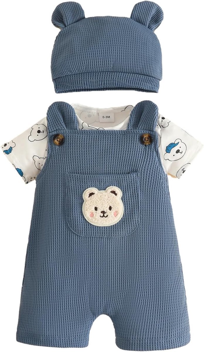 SnelShoppen - Babykleding Pasgeborenen Korte Mouwen Gestreept Overall + Shorts met Bandjes en Dieren, 3-delige Zomerset voor Jongens en Meisjes, Perfe