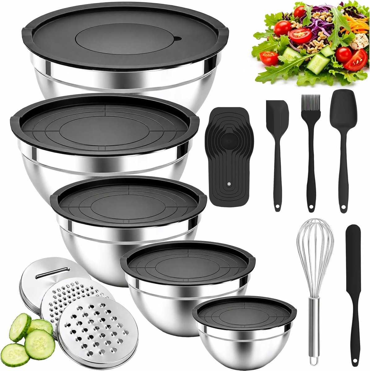 SnelShoppen - Set van 5 + 14 slakommen met deksel, roestvrijstalen kippenlepel, luchtdichte deksels, 3 raspen, stapelbaar, keuken, mengen, serveren, 3