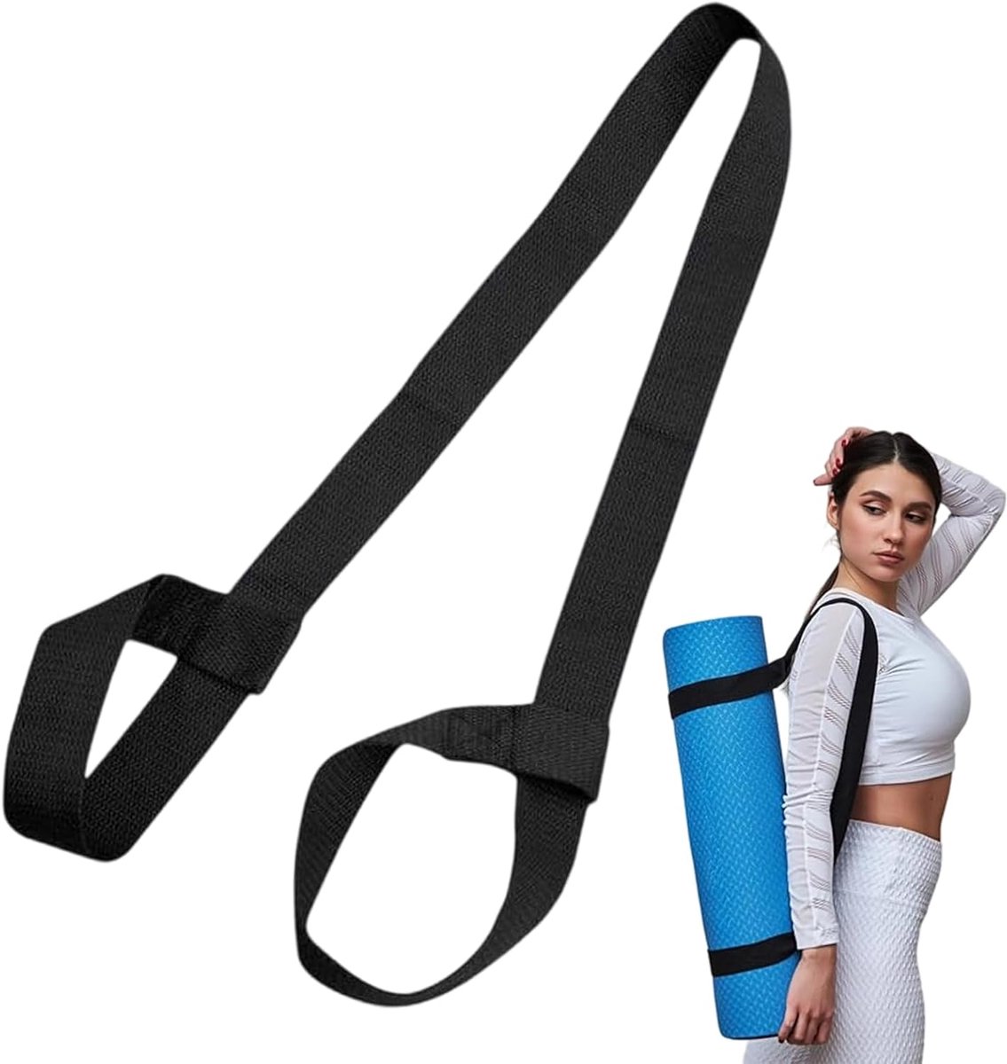 SnelShoppen - Yogamat Draagriem van Katoen, Verstelbaar en Elastisch, Vaste Yogariem voor Pilates en Fitness, Zwart, 150x3,5 cm, Geschikt voor Alle Yo