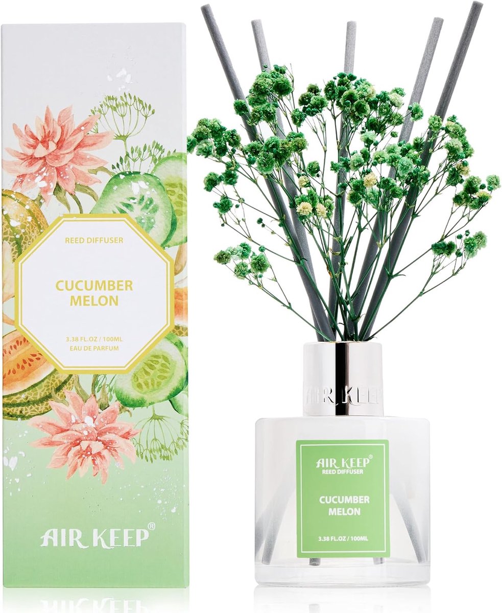 SnelShoppen - Rietdiffuser Luchtverfrisser Cucumber Melon 100ml - 8 Aromastokjes voor Woonkamer, Slaapkamer, Badkamer, Huisdecoratie - Stijlvolle Geur