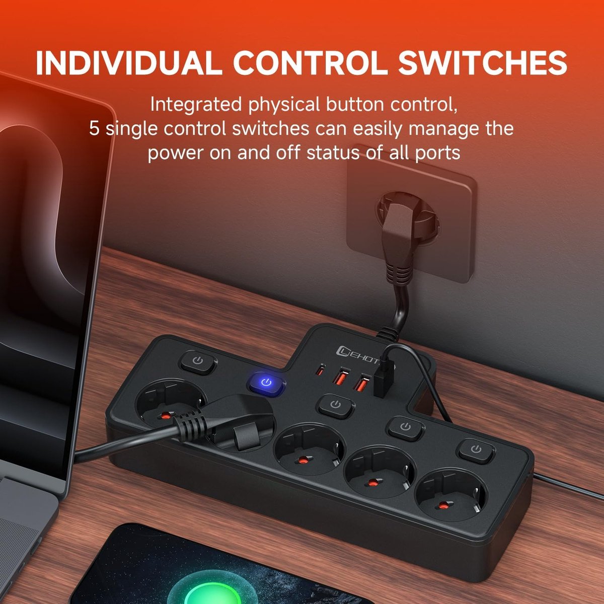 Thijox - Stekkerdoos met 5 Aansluitingen, 2500 W Stopcontact, 10 A USB Meervoudige Stekkerdoos met 3 USB en 1 USB-C-poorten - Ideaal voor Kantoor, Thu