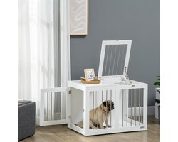 DESMIU Hondenbench – 2 Deuren En Opklapbare Bovenkant – 80 x 50 x 56,5 cm – MDF En Staal – Wit – Voor Middelgrote Honden