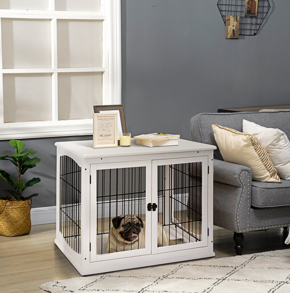 DESMIU Hondenbench – 81 x 58,5 x 66 cm – 2 Deuren – MDF En Metaal – Wit – Voor Binnen – Ventilerend En Onderhoudsvriendelijk
