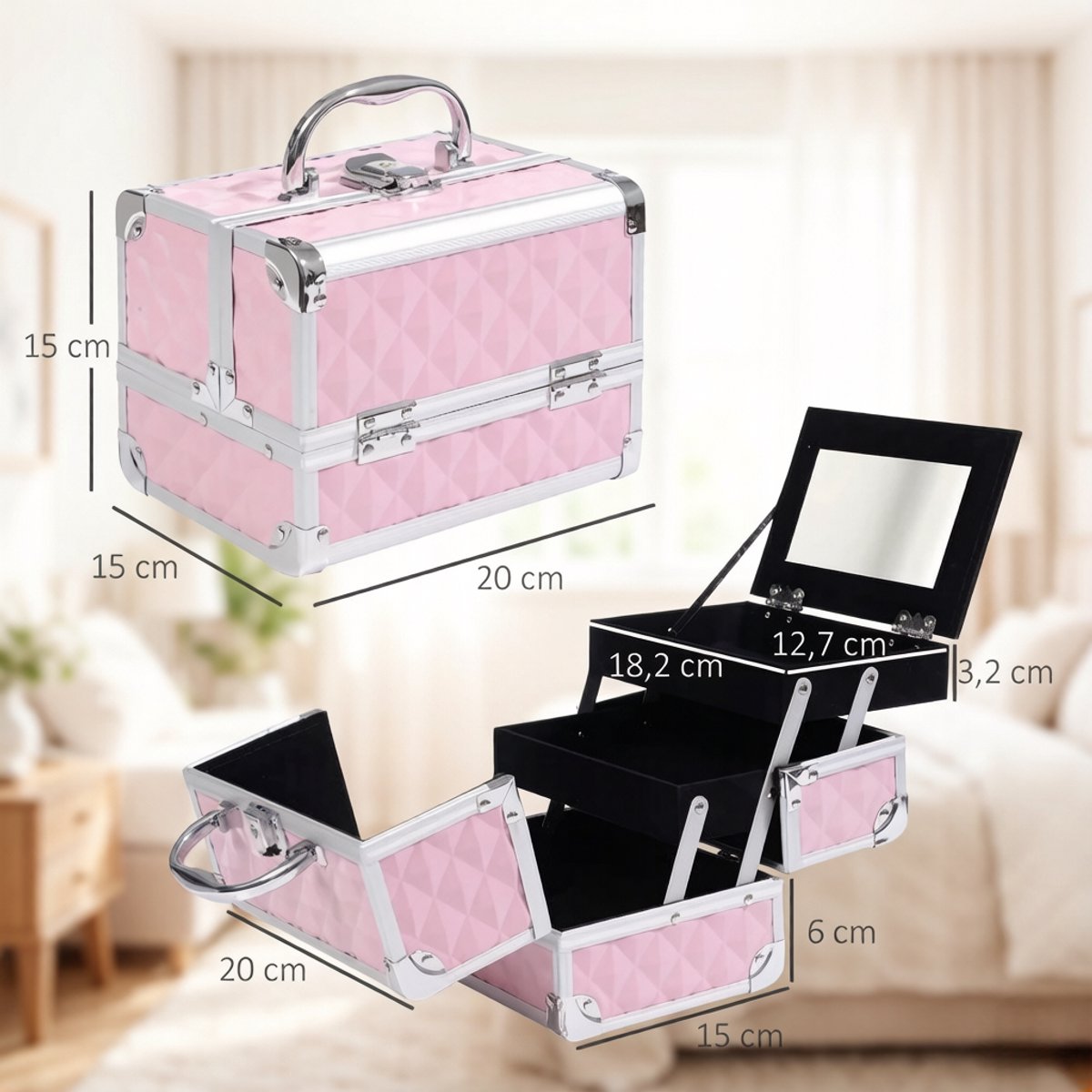 Make-up Koffer - 3 Lagen Met Spiegel En Slot - 20 x 15 x 15 cm - Aluminium En Plastic - Roze - Draagbare Cosmetica Opbergkoffer