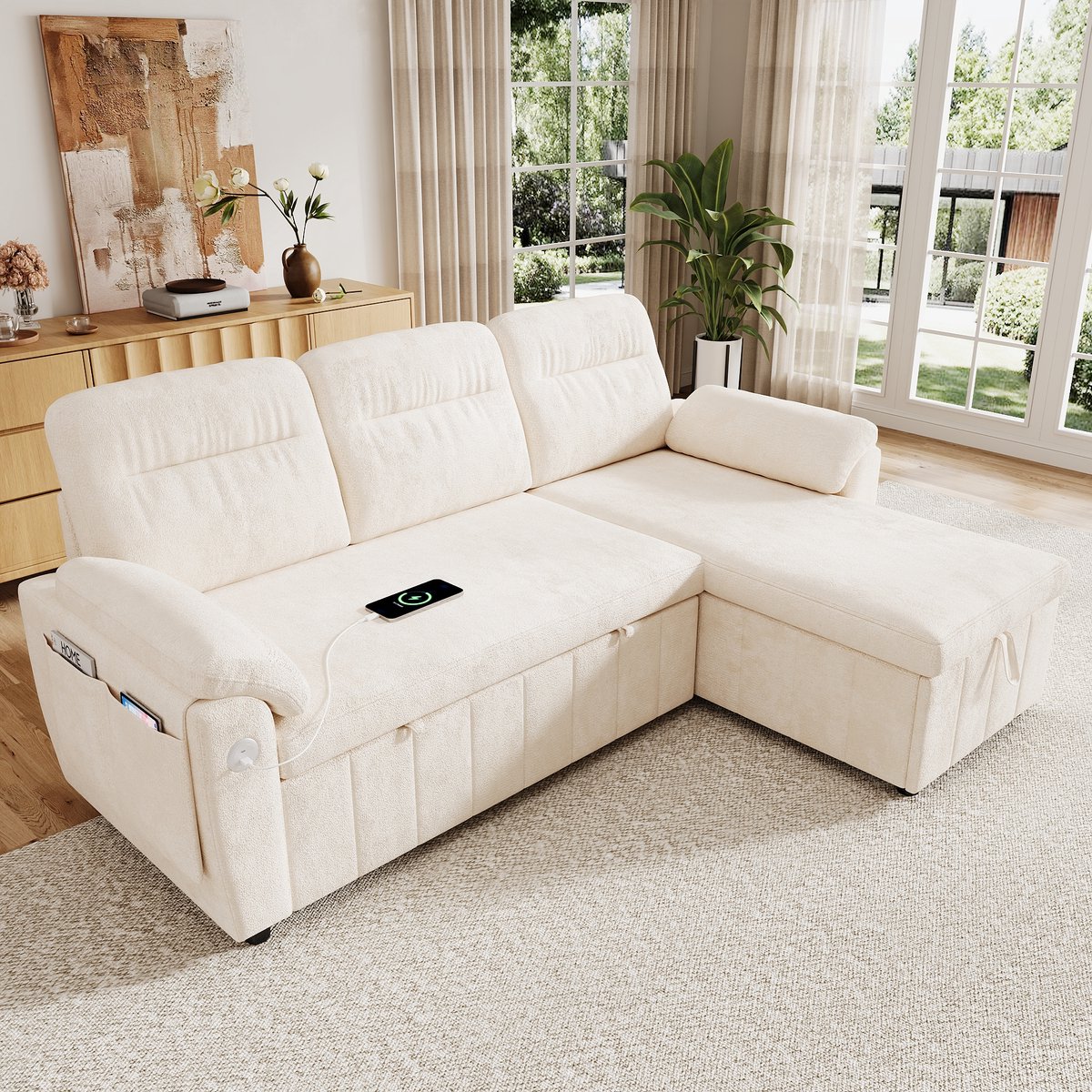 HAUSS SPOLE Hoekbank - L-Vormige Slaapbank - Wisselbare Chaise Longue Met Opbergruimte En Oplaadpaneel - Voor Woonkamer - Chenille Beige