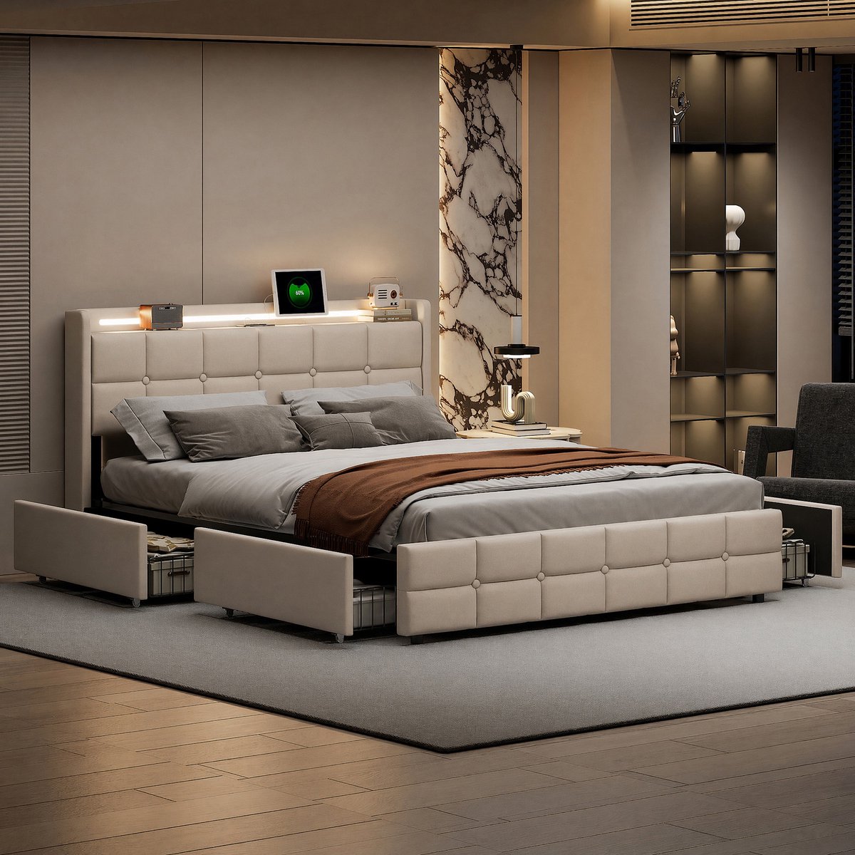 Opbergbed 140x190 cm beige linnen met LED, USB en 4 opbergladen