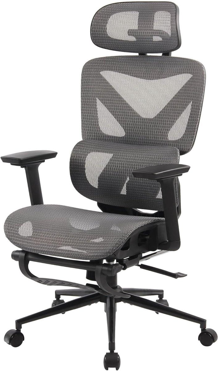 Bureaustoel Ergonomisch - Comfortabele Stoel - Thuiswerken Kantoor - Verstelbare Rugleuning - 124 cm Hoogte - Zwart Grijs