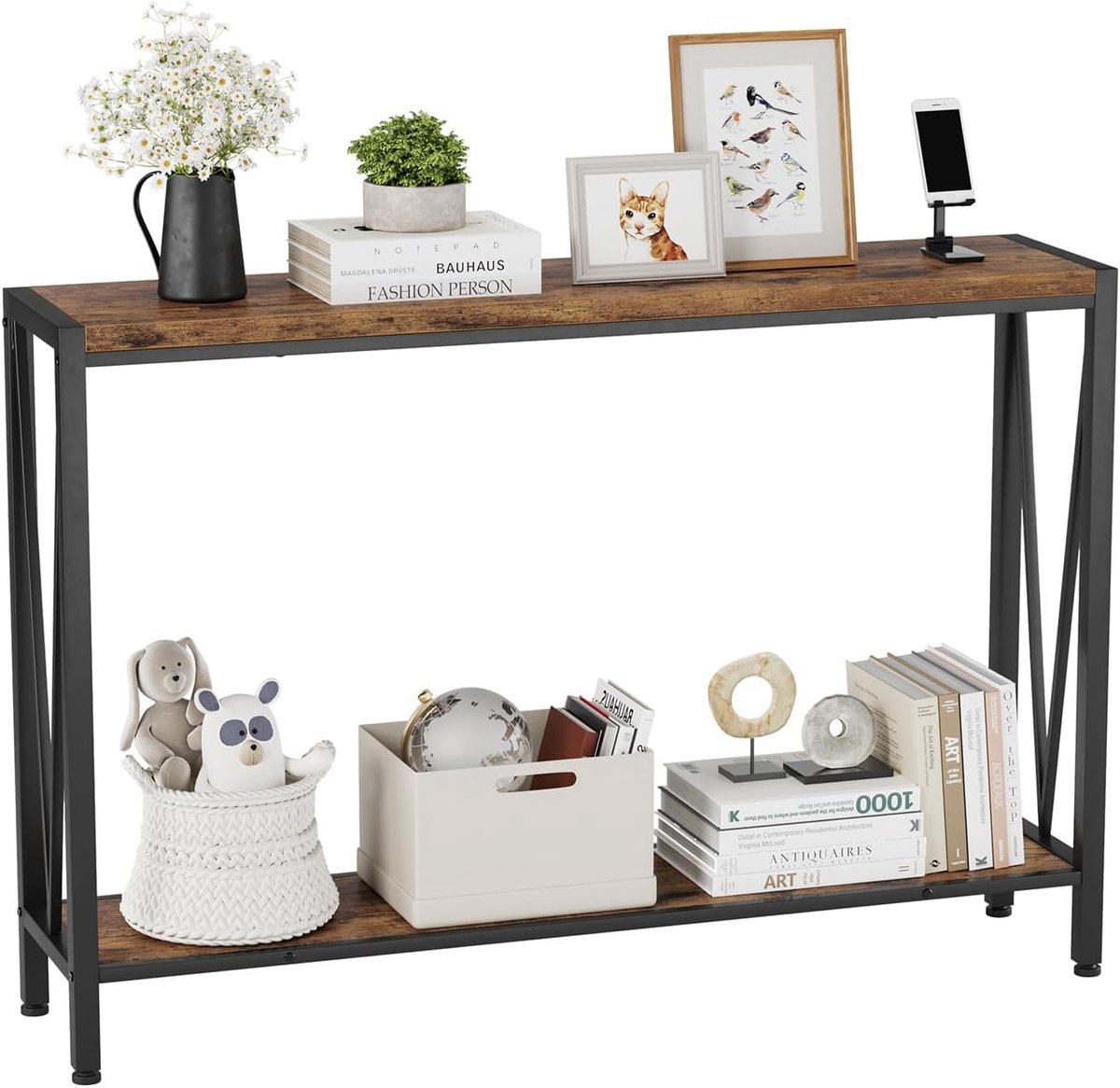 Industriële Sidetable met 2 Niveaus - Smalle Consoletafel & Haltafel - Vintage Houtlook & Zwart Metaal - Wandtafel voor Woonkamer, Entree of Achter de Bank - 109 x 25 x 76 cm
