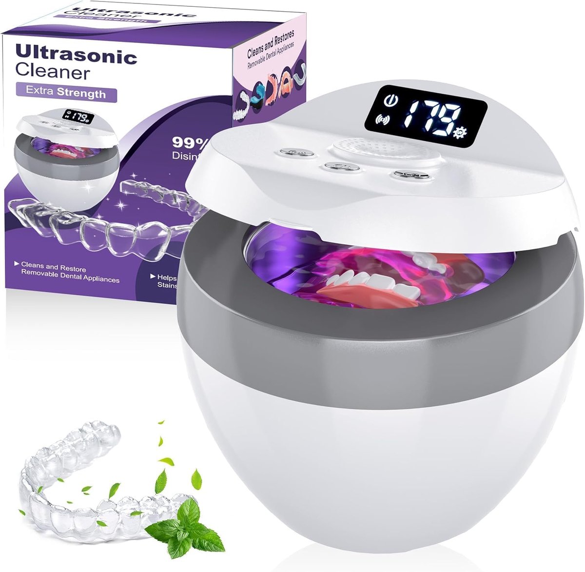 SnelShoppen - Ultrasonic reinigingsapparaat 45 kHz UV ultrasone cleaner 35 W voor aligners, gebitsprotheses, 200 ml tandenreiniger met deodorisatiefun