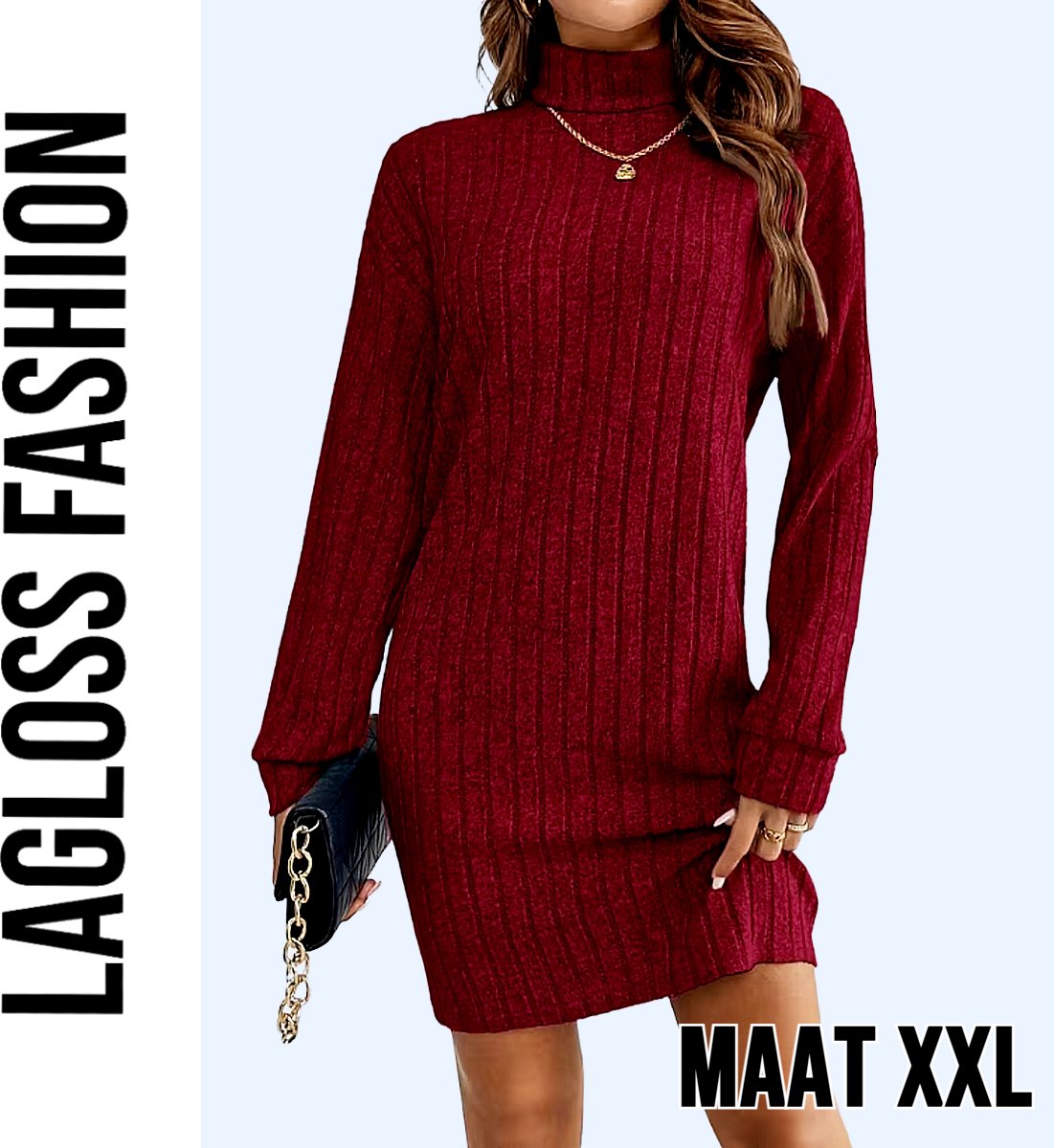 LaGloss® Elegante Bordeaux Jurk met Kraag en Lange Mouwen – Franse Stijl Dames Jurk voor Herfst & Lente - Maat XXL