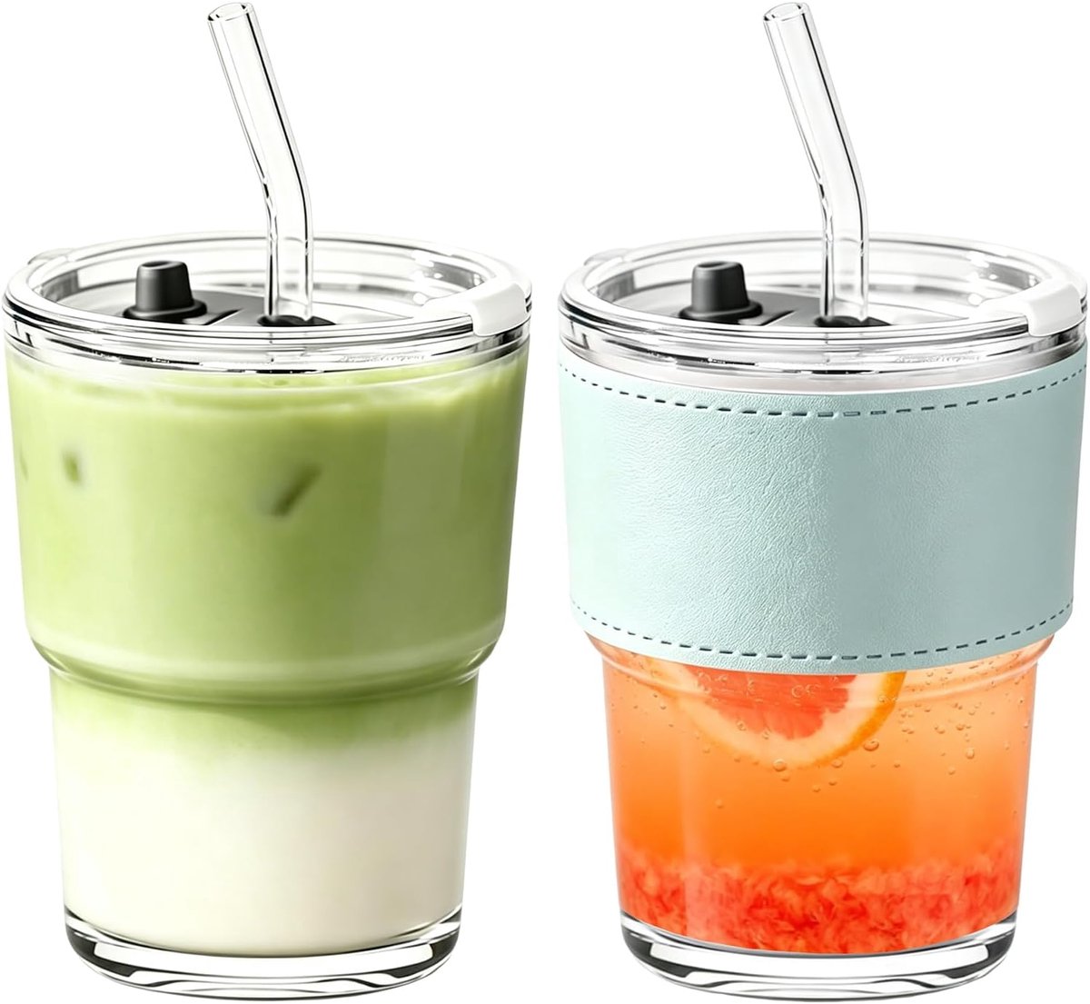 SnelShoppen - 2 Stuks Matcha Glazen - 450 ml Met Deksel en Rietje - Hoogwaardig Glas - Ideaal Voor Iced Coffee, Smoothies en Verfrissende Dranken