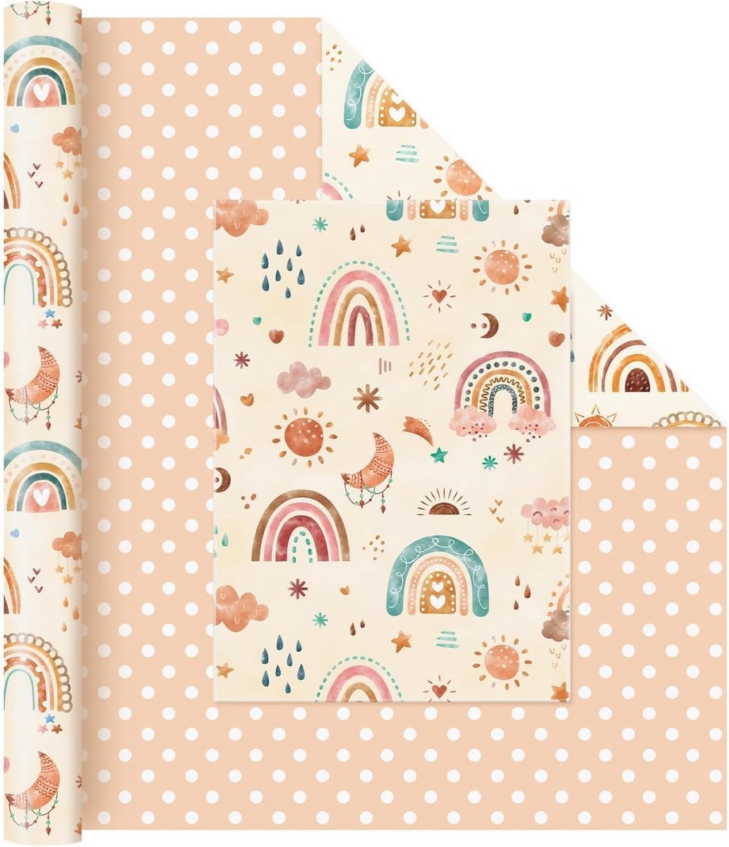SnelShoppen - Verjaardagscadeau Papier Rol met Regenboog Motief, Boho Bloemen, 43 cm x 10 m, Premium Kwaliteit, Geschikt voor Kinderen, Baby Doop, Fee