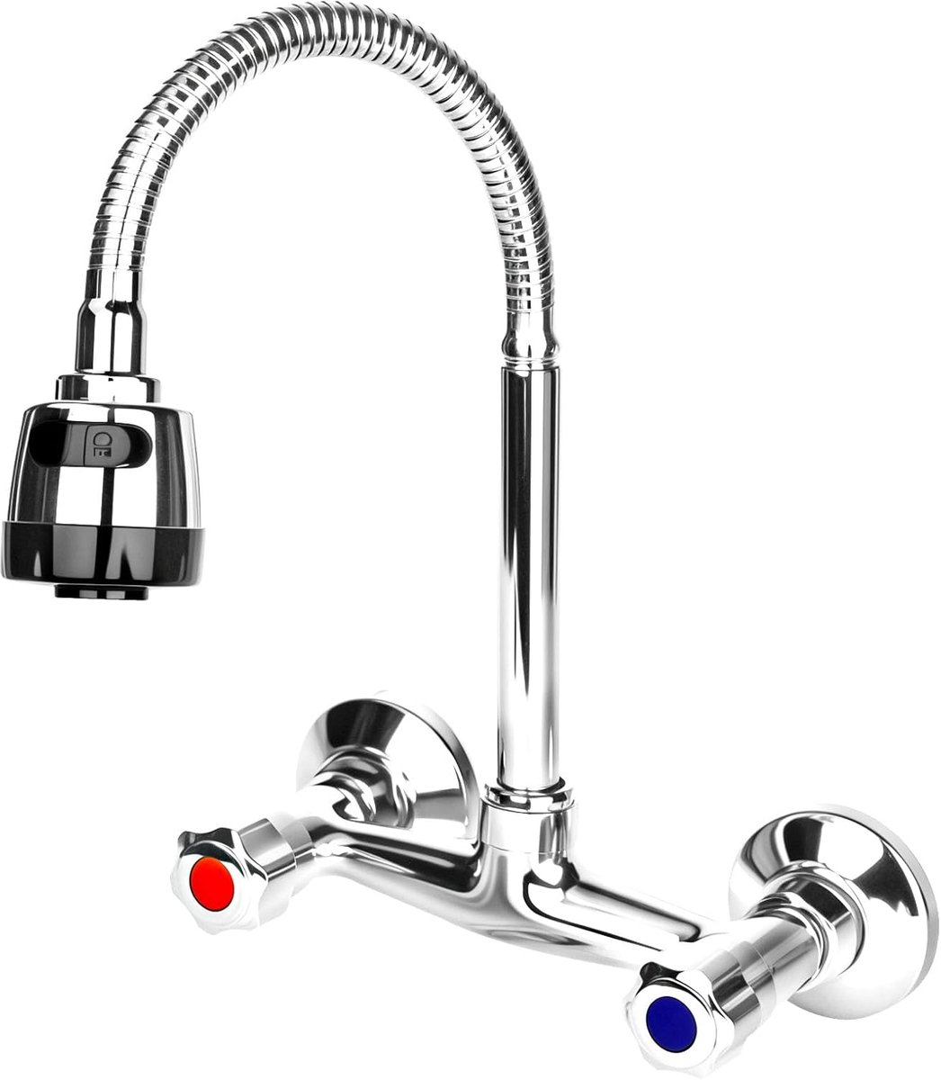 SnelShoppen - Wand-tweegreepkraan van Messing, 360° Draaibaar Wastafelarmatuur, Modern Keukenarmatuur met Warm en Koudwaterschakelaar, 2 Waterafvoermo