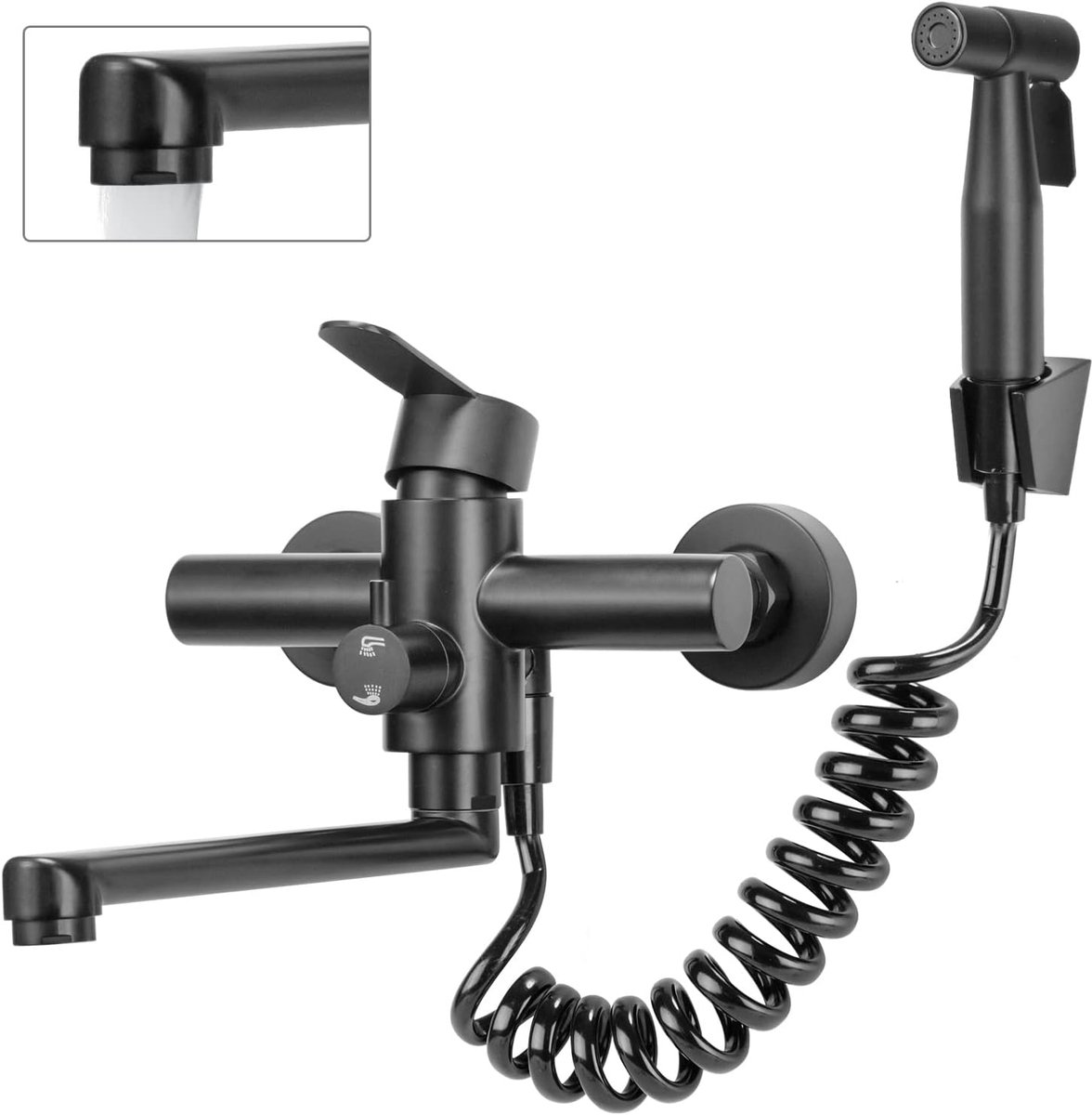 SnelShoppen - Wandkraan Keuken met Spray Gun, 360° Draaibare Keuken Mengkraan, Wandmontage, 23 cm Draaibare Arm, Zwart, Voor Keuken en Schoonmaak