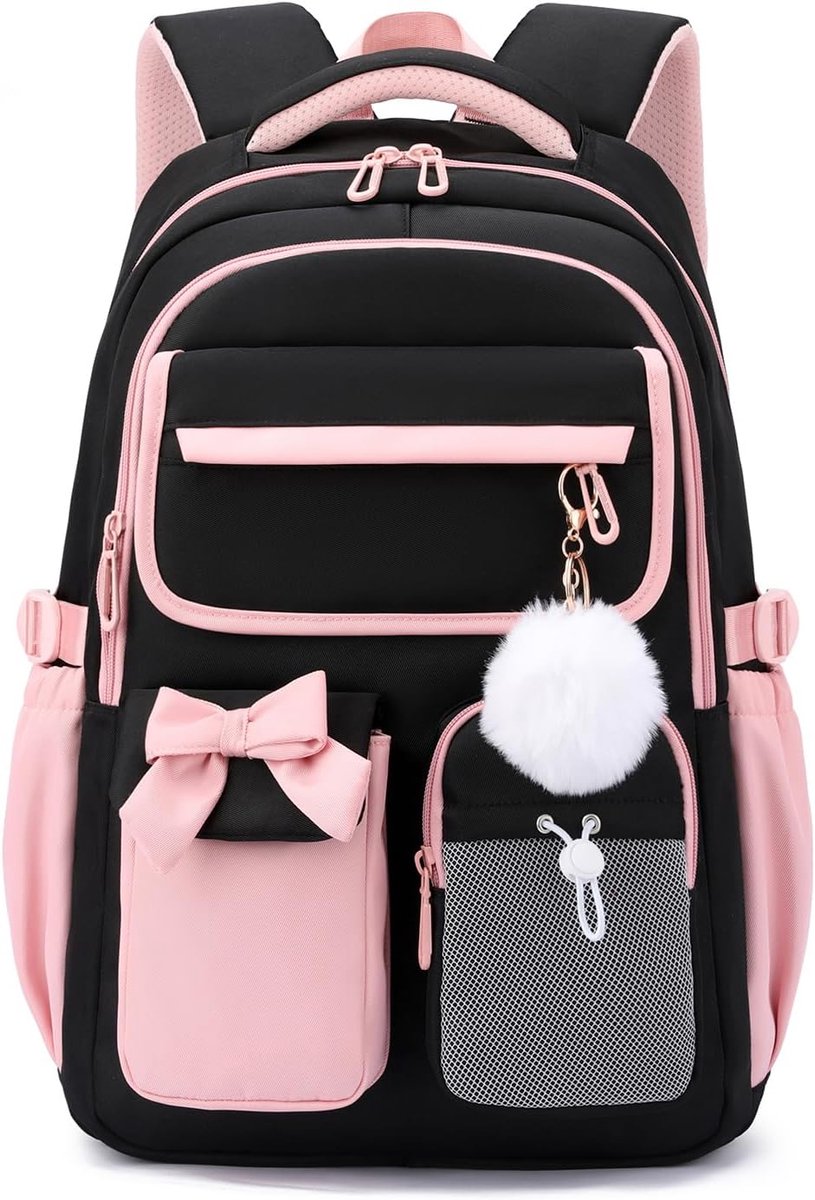 Modieuze Schooltas voor Meisjes - Ruime Rugzak voor School en Reis - Met Laptopvak 15.6 inch - Lichtgewicht en Waterafstotend - Zwart-Roze - 33 x 19 x 46 cm