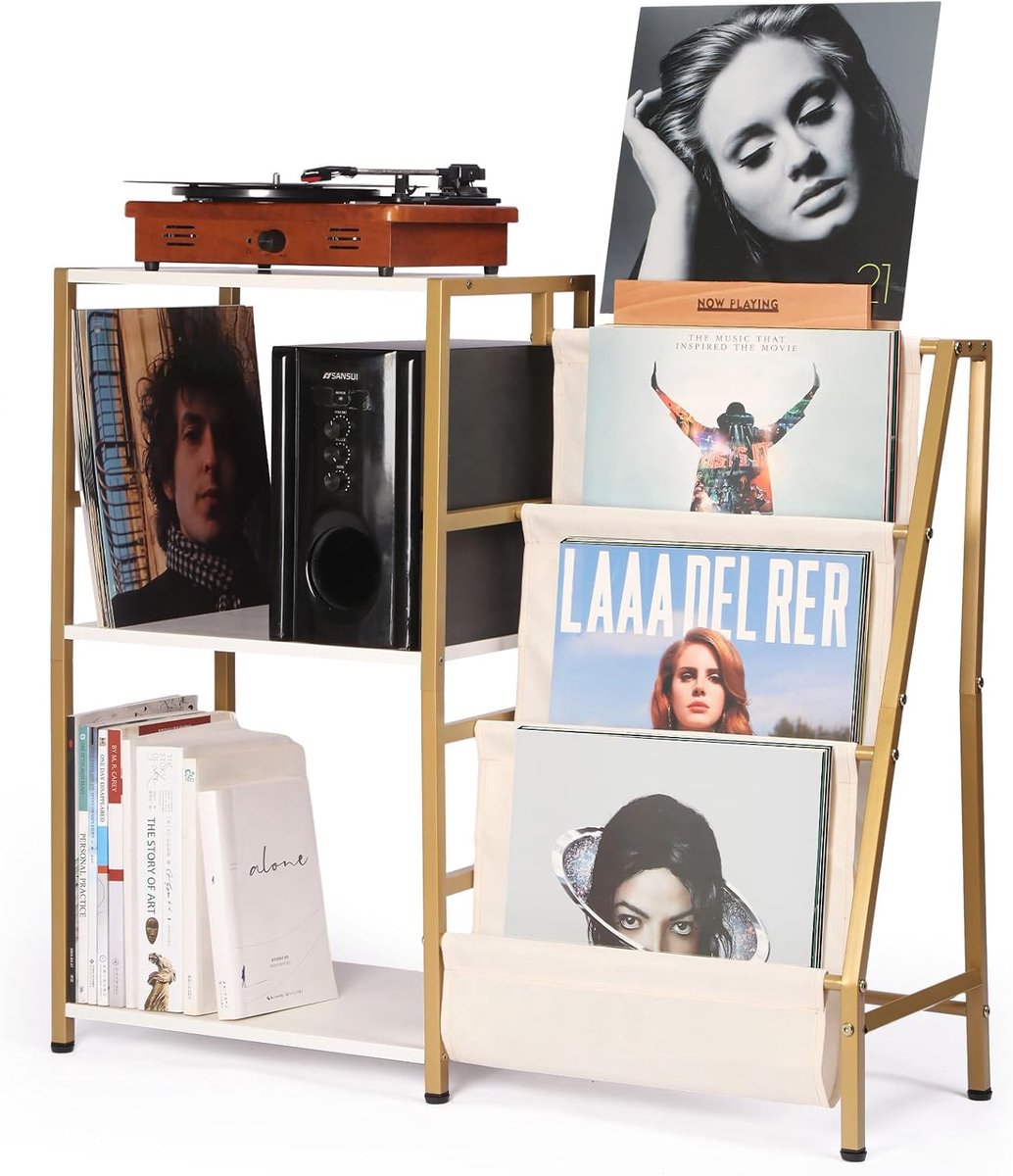 SnelShoppen - Record Player Stand, Turntable Stand met 3 Laags Side Table voor Vinyl Opslag, Goud-Wit, Multifunctioneel voor Woonkamer, Speaker en Col