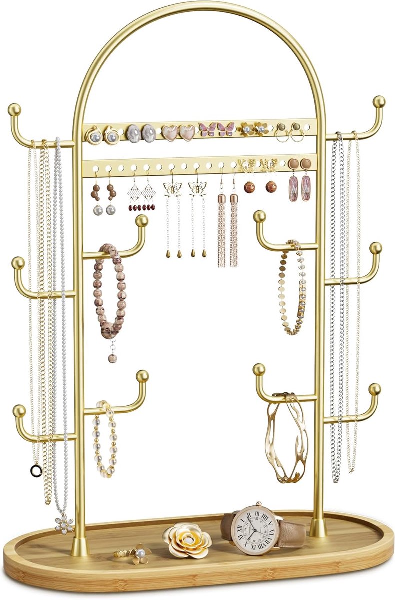 SnelShoppen - Grote Sieradenstandaard, Multifunctionele Sieraden Organizer met Haken en Lades, Houten Earring Storage, Goudkleurig, 32cm voor Oorbelle