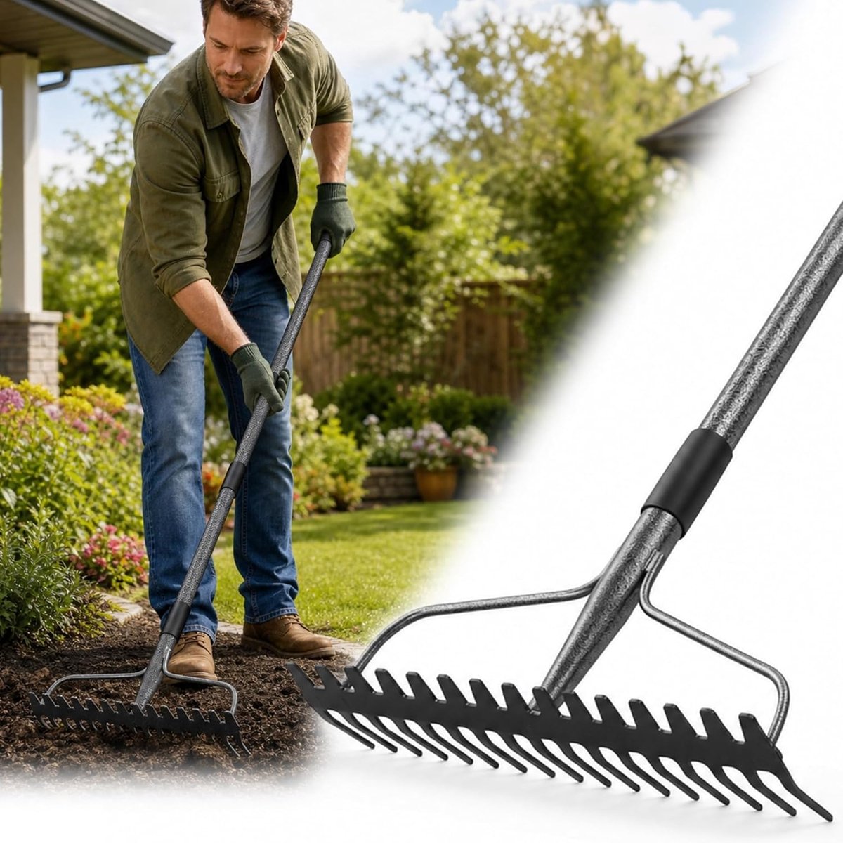 SnelShoppen - Arch Rake Tuinhark - 17 Tanden Robuuste Tuinrake - 195 cm RVS Handvat - Grijs - Voor Tuinonderhoud en Aarding