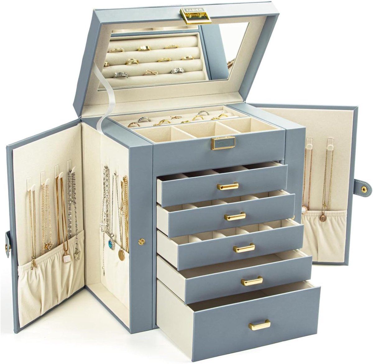 SnelShoppen - Grote 6 Laags Sieraden Organizer Doos met Spiegel en 5 Laden voor Ringen, Oorbellen, Kettingen, Armbanden in Blauw Grijs PU Leer
