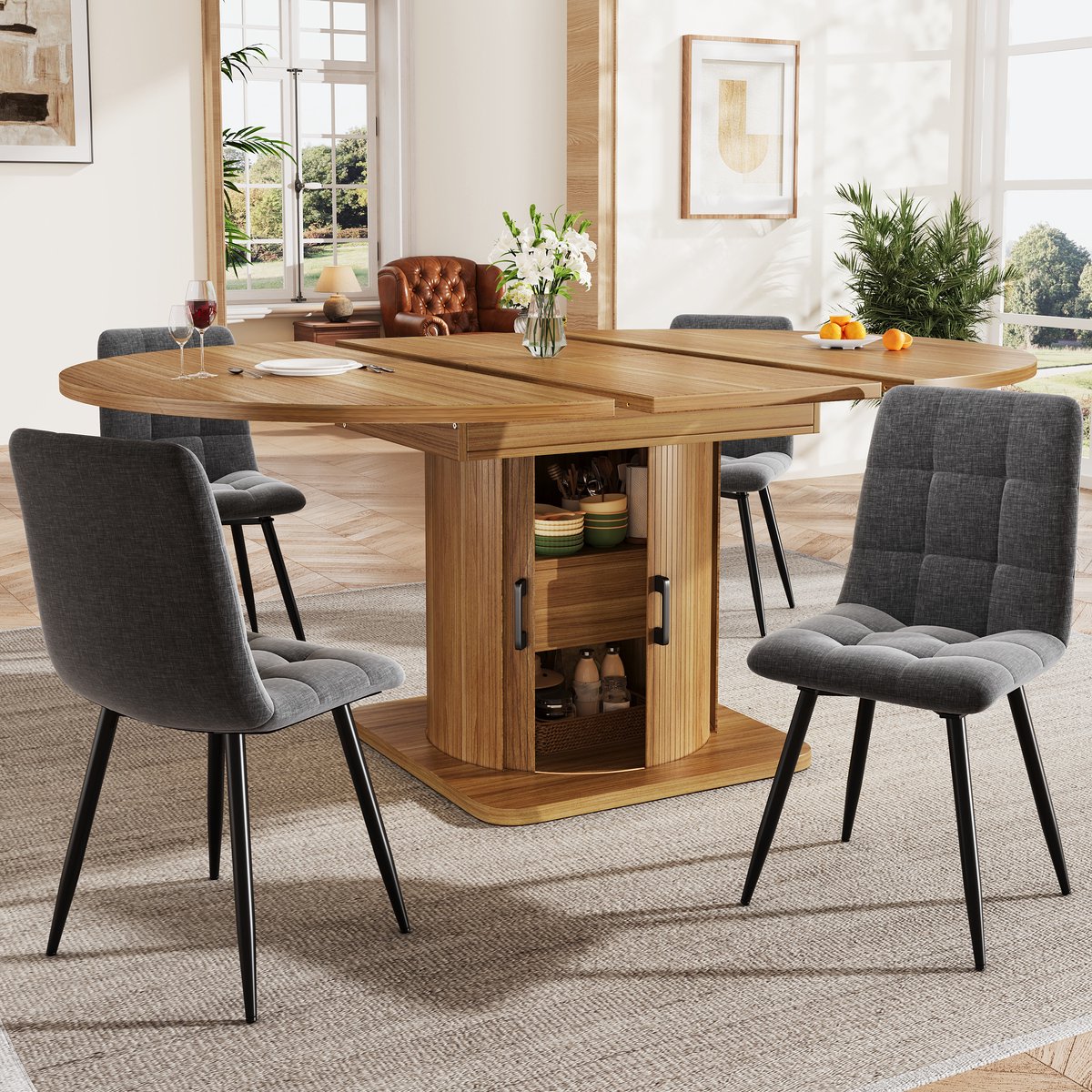MEUNIQ Uitschuifbare eettafelset 5-delig met 4 stoelen, opbergruimte en lades, moderne eetkamer- en keukenset in grijs en donkerbruin