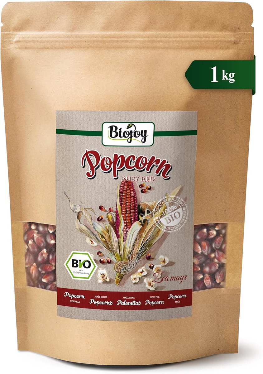 SnelShoppen - Biojoy BIO-Popcorn maïs Ruby Red 1 kg, ongezoet en ongezouten, perfect voor feestjes, filmavonden, gezond snacken, biologisch en vrij va