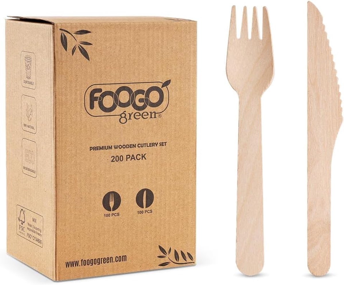 SnelShoppen - 200 Stuks Wegwerp Houten Vorken en Messen Set, Biologisch Afbreekbaar, FSC Gecertificeerd, Bamboe Bestek, 16cm, Ideaal voor Feest, Campi