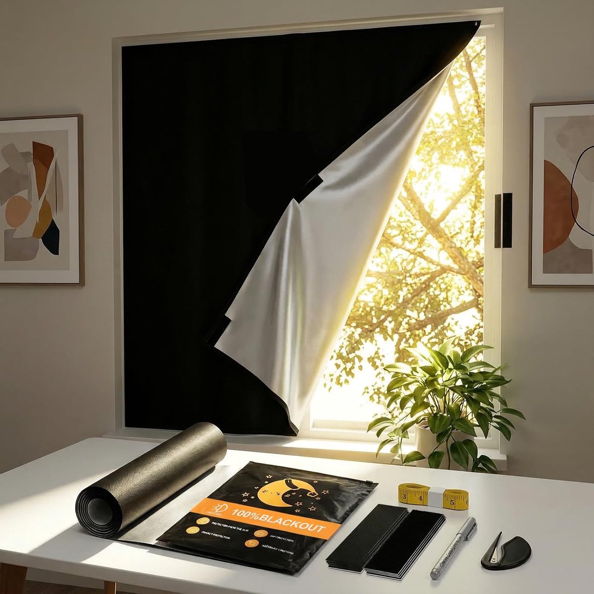SnelShoppen - Verduisteringsgordijnen zonder boren 300 x 145 cm, 100% ondoorzichtig, ideaal voor dakramen, zonwering, warmte-isolatie, slaap- en reisc