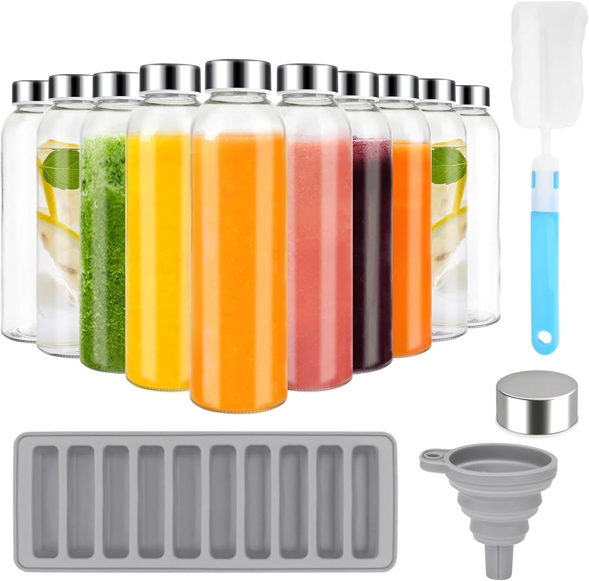 SnelShoppen - 10 Stuks Glazen Sapflessen 540ml - Herbruikbare Waterflessen met Roestvrijstalen Deksel - Lekvrije Glazen Flessen voor Smoothies, Ijsthe