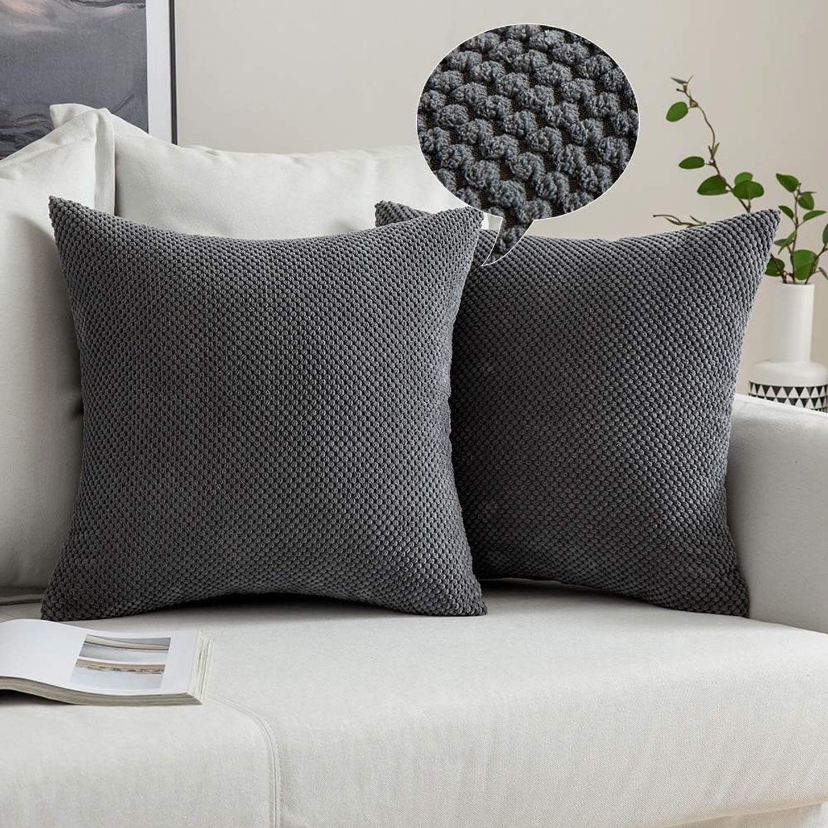 SnelShoppen - Decoratieve Kussenhoezen Set van 2 - Donkergrijs Sofakussen met Korrelpatroon - 60 x 60 cm Zachte Kussenovertrekken voor Woonkamer en Sl