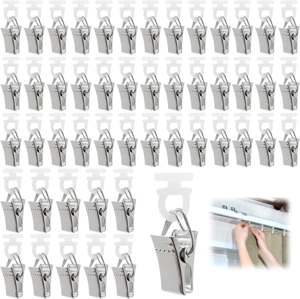 SnelShoppen - 50 Stuks Duurzame Gordijnclips met Haken - Roestvrijstalen Clips voor Douchegordijnen, Gordijnen, Woondecoraties en Foto's - Zilver, Gel