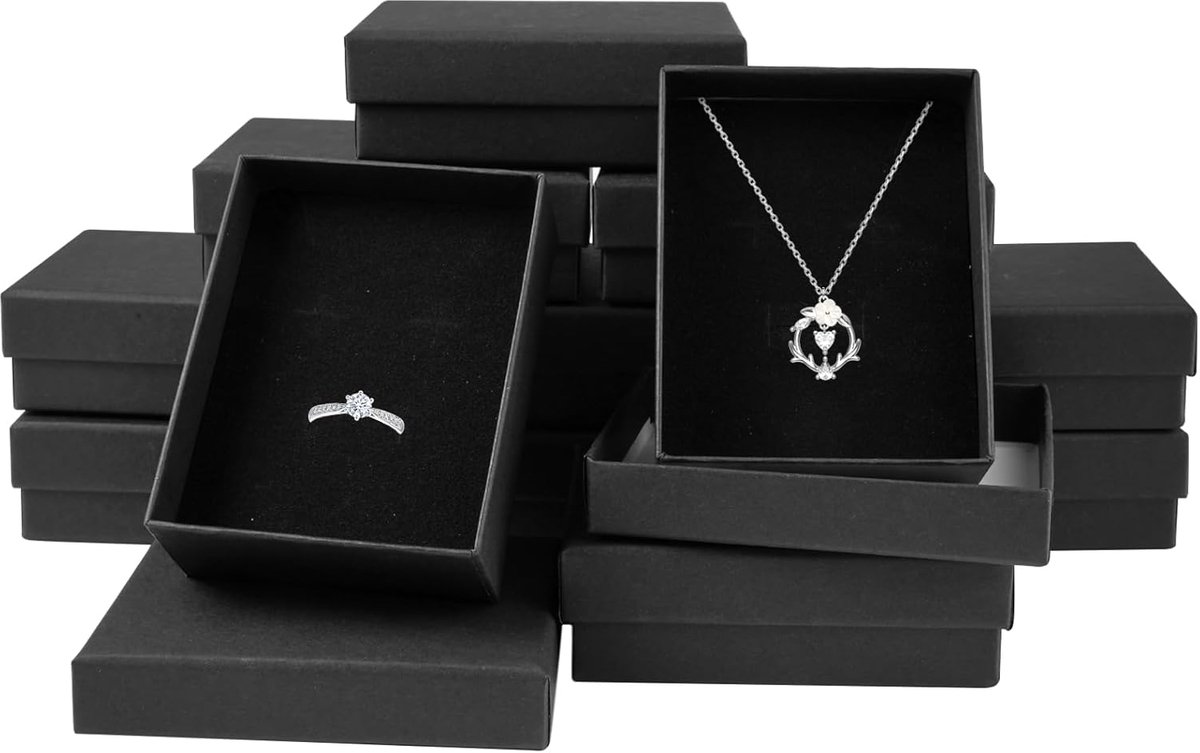 SnelShoppen - 12 Stuks Zwarte Sieradendoosjes met Deksel, 9x7x3cm Rechthoekige Papieren Juwelendoosjes voor Oorbellen, Kettingen en Ringen, Luxe Gesch