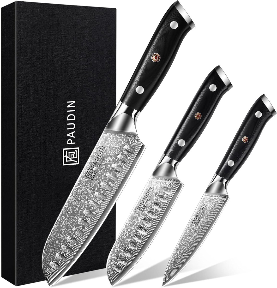 SnelShoppen - 3-delige Damascus Messenset - Ultra Scherp Santokumes Keukenmes van 67 Lagen Damaststaal met Japanse VG10 Kern - Ergonomisch G10 Handvat