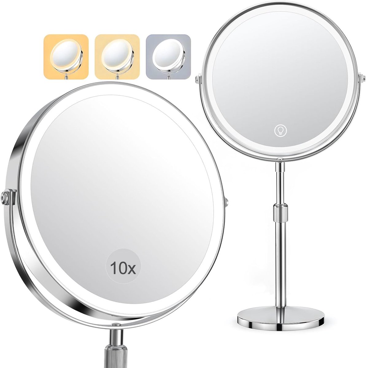 SnelShoppen - Make-upspiegel met Verlichting, Cosmeticaspiegel met 10x Vergroting, Dubbelzijdige Rond, Oplaadbare 2000 mAh, 3 Kleuren Lichtmodi, 360 G