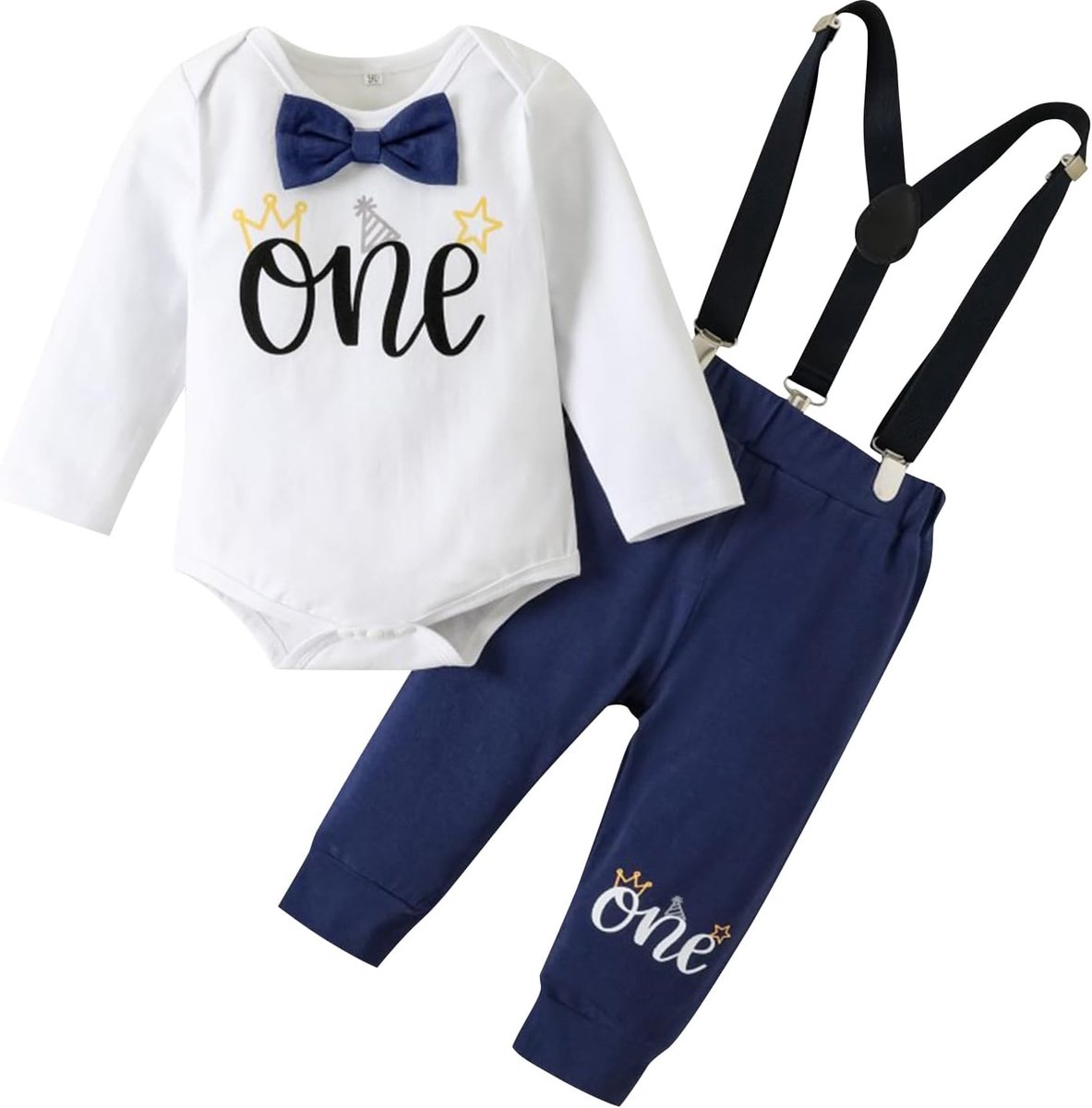 SnelShoppen - Baby Jongens 1e Verjaardag Outfit Korte Mouw Romper met Bretel Shorts Cake Smash Kleding Set - Comfortabele Verjaardagskleding voor Peut