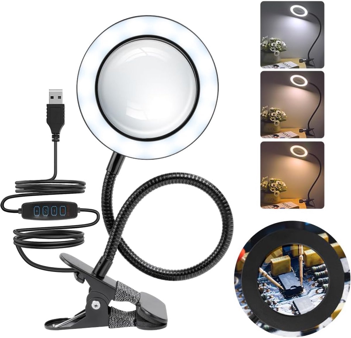 SnelShoppen - LED-vergrootglaslamp 3x met licht, 360° verstelbare zwanenhals, 10 helderheidsniveaus, klem voor lezen, naaien, werk en make-up in 3 kle