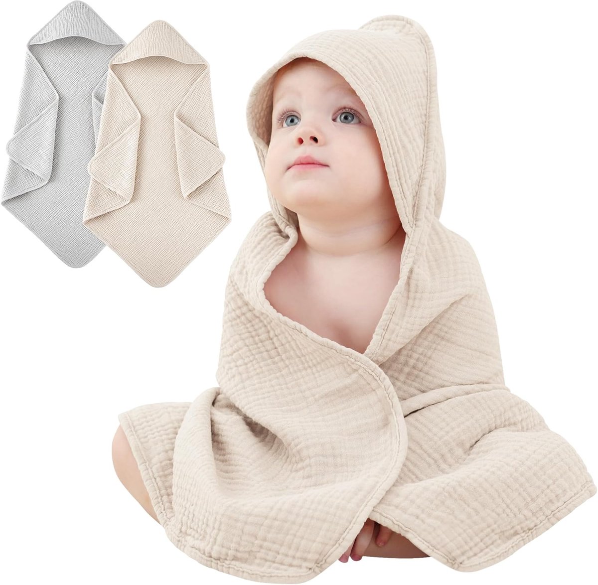 SnelShoppen - Babyhanddoek met Capuchon - Zachte Mousseline Katoenen Babyhanddoeken - 2 Stuks - Absorberend en Ademend - Ideaal voor Bad en Zwemmen -