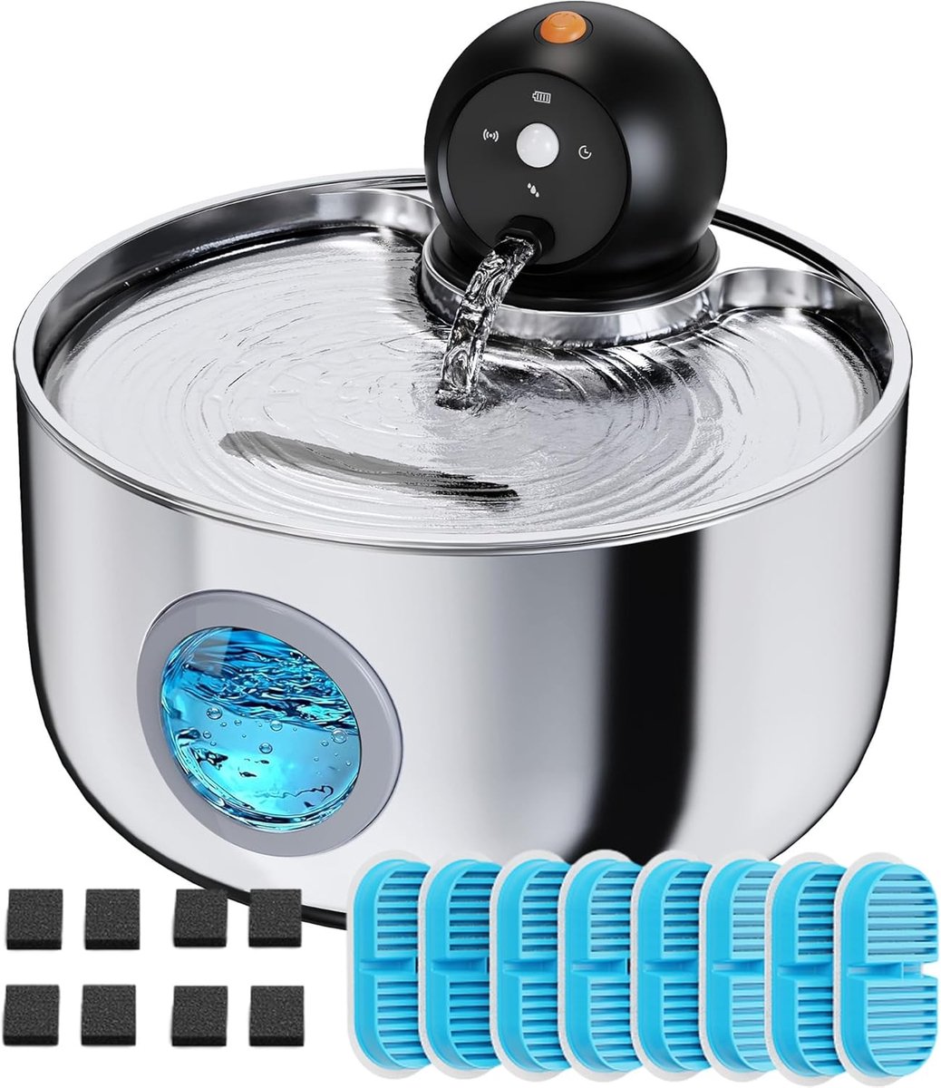 SnelShoppen - Draadloze Kattenfontein RVS 2.6L met Bewegingssensor - Automatische Drinkbak voor Katten - Waterdispenser met Multifilter en 16 Filters